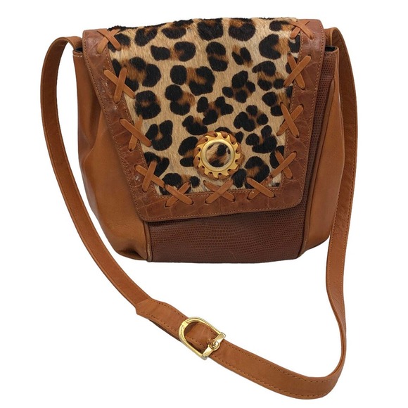 New York & Company Joseph B. Exclusive Leopard Brown Leather Shoulder Bag Purse - Picture 1 of 9